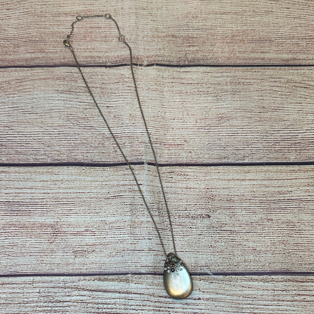 Alexis Bittar Necklace Chain Teardrop Lucite Pendant Rhinestone Gray Frosted 16”